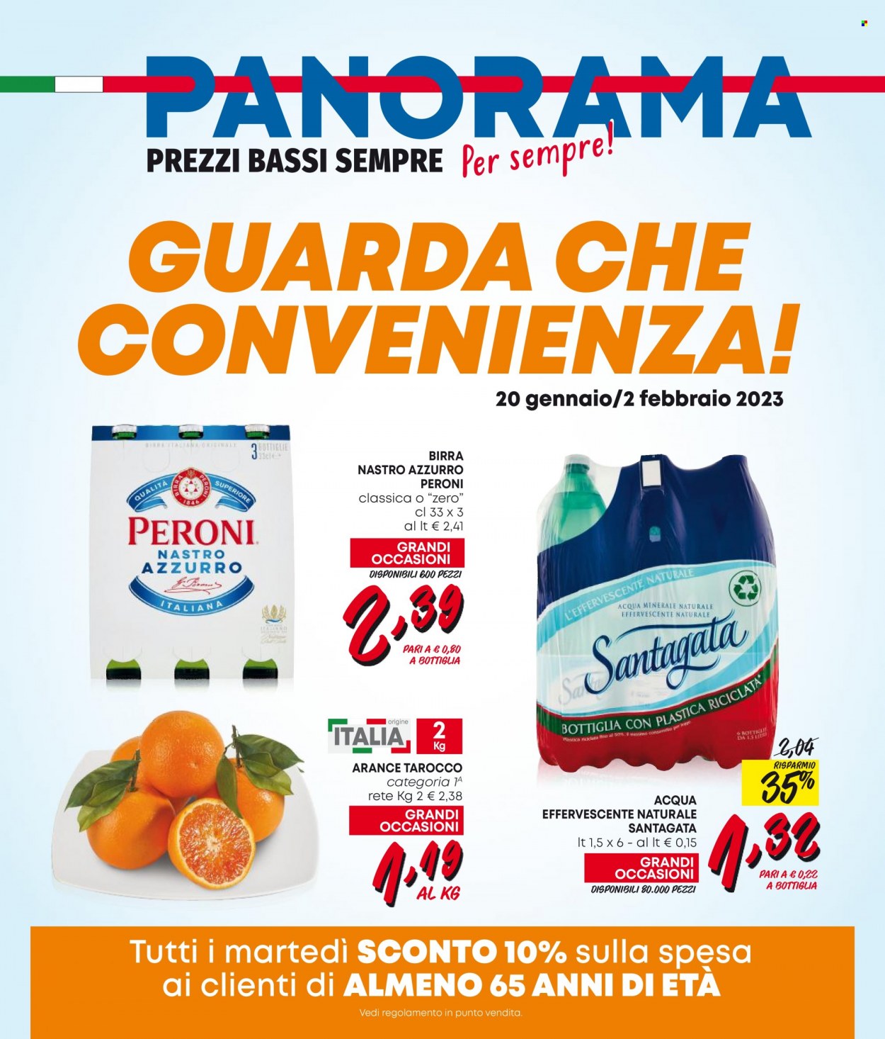 thumbnail - Volantino Panorama - 20/1/2023 - 2/2/2023 - Prodotti in offerta - Peroni, birra, Nastro Azzurro, arance, acqua minerale. Pagina 1.
