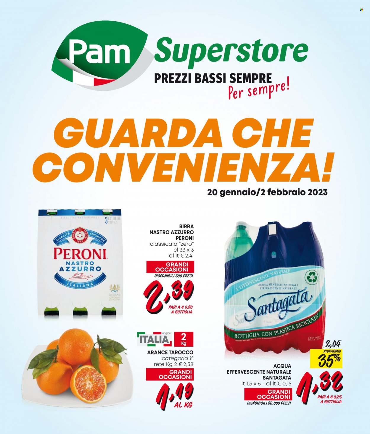 thumbnail - Volantino Pam Panorama - 20/1/2023 - 2/2/2023 - Prodotti in offerta - Peroni, birra, Nastro Azzurro, arance, acqua minerale. Pagina 1.