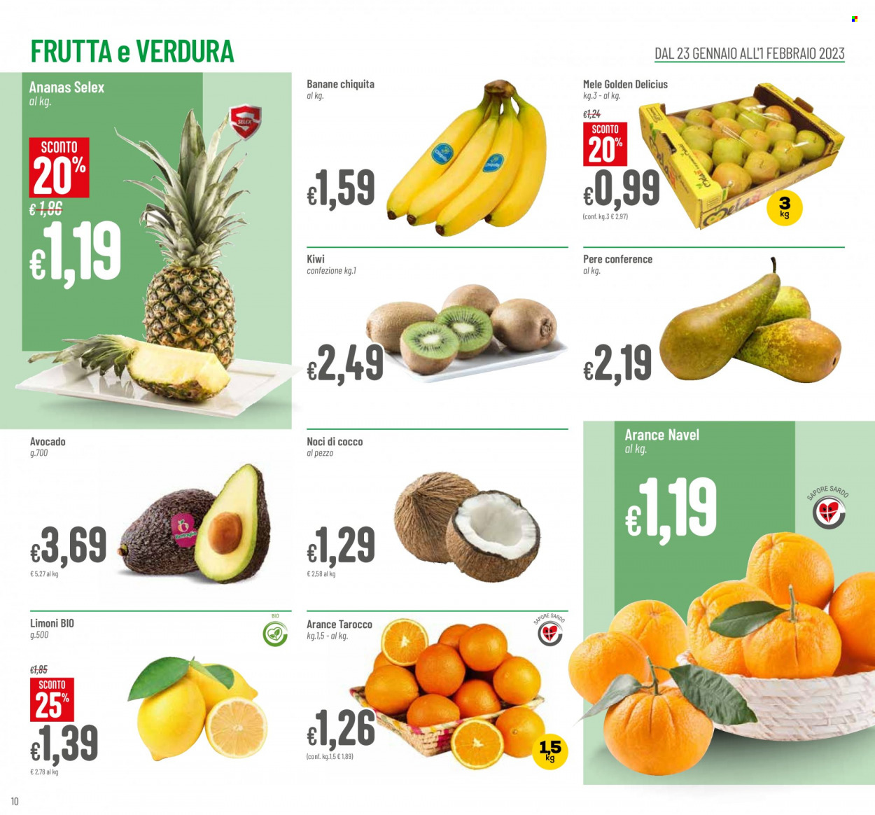 thumbnail - Volantino Pan - 23/1/2023 - 1/2/2023 - Prodotti in offerta - banane, mele, limoni, ananas, arance, arancie Navel, pere, kiwi, avocado, Chiquita, noce di cocco, Delicius, noci. Pagina 10.