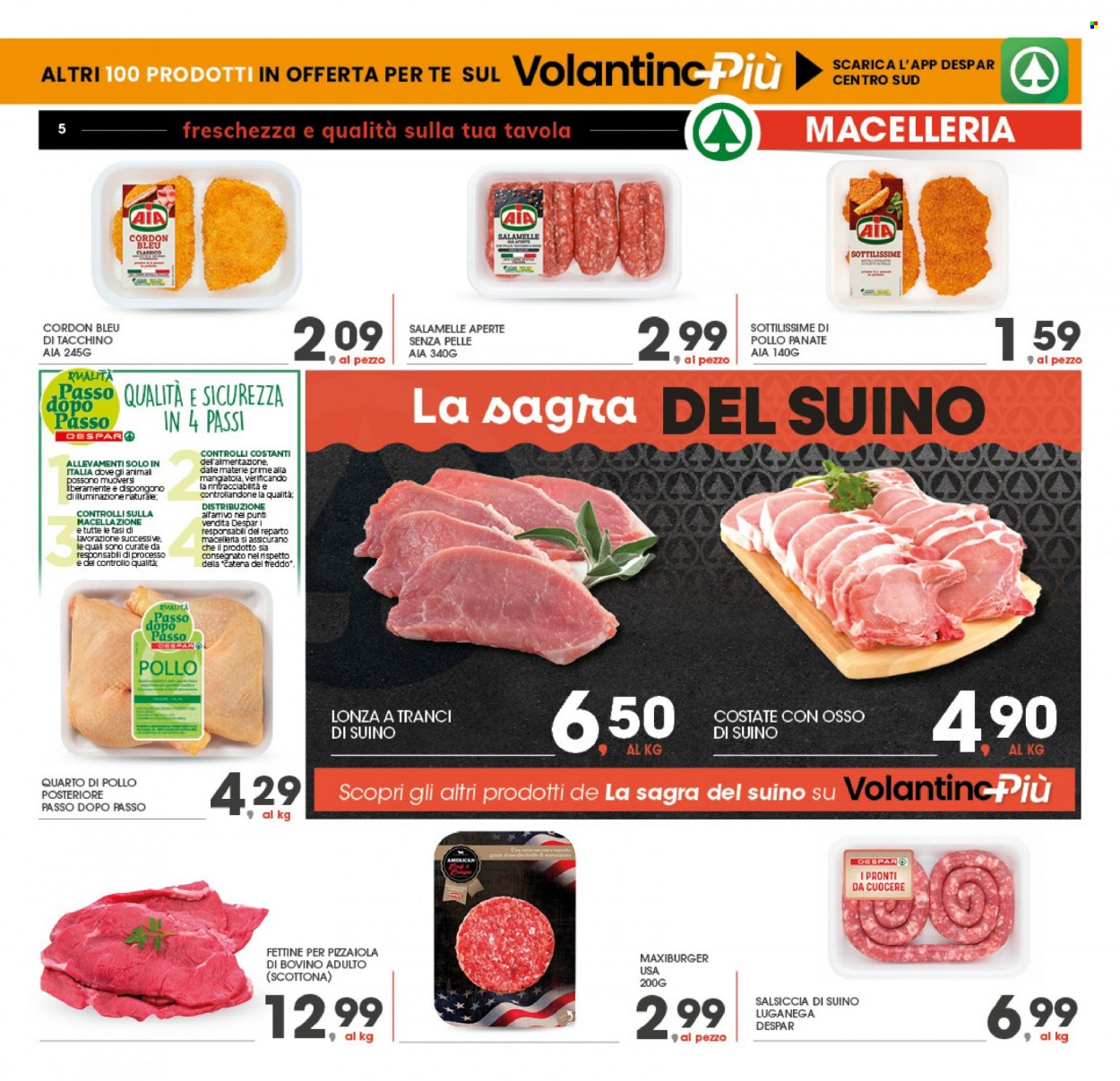 thumbnail - Volantino Eurospar - 23/1/2023 - 27/1/2023 - Prodotti in offerta - sottilissime di pollo, AIA, manzo, scottona, salsiccia, salamella, Cordon Bleu. Pagina 5.