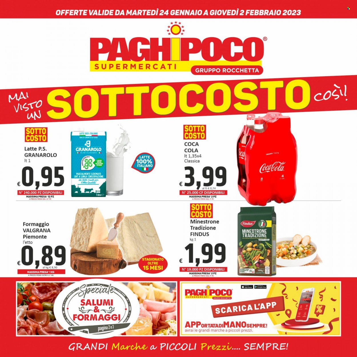 thumbnail - Volantino PaghiPoco - 24/1/2023 - 2/2/2023 - Prodotti in offerta - Findus, minestrone, Granarolo, formaggio, Coca Cola, bibita gassata, Rocchetta. Pagina 1.