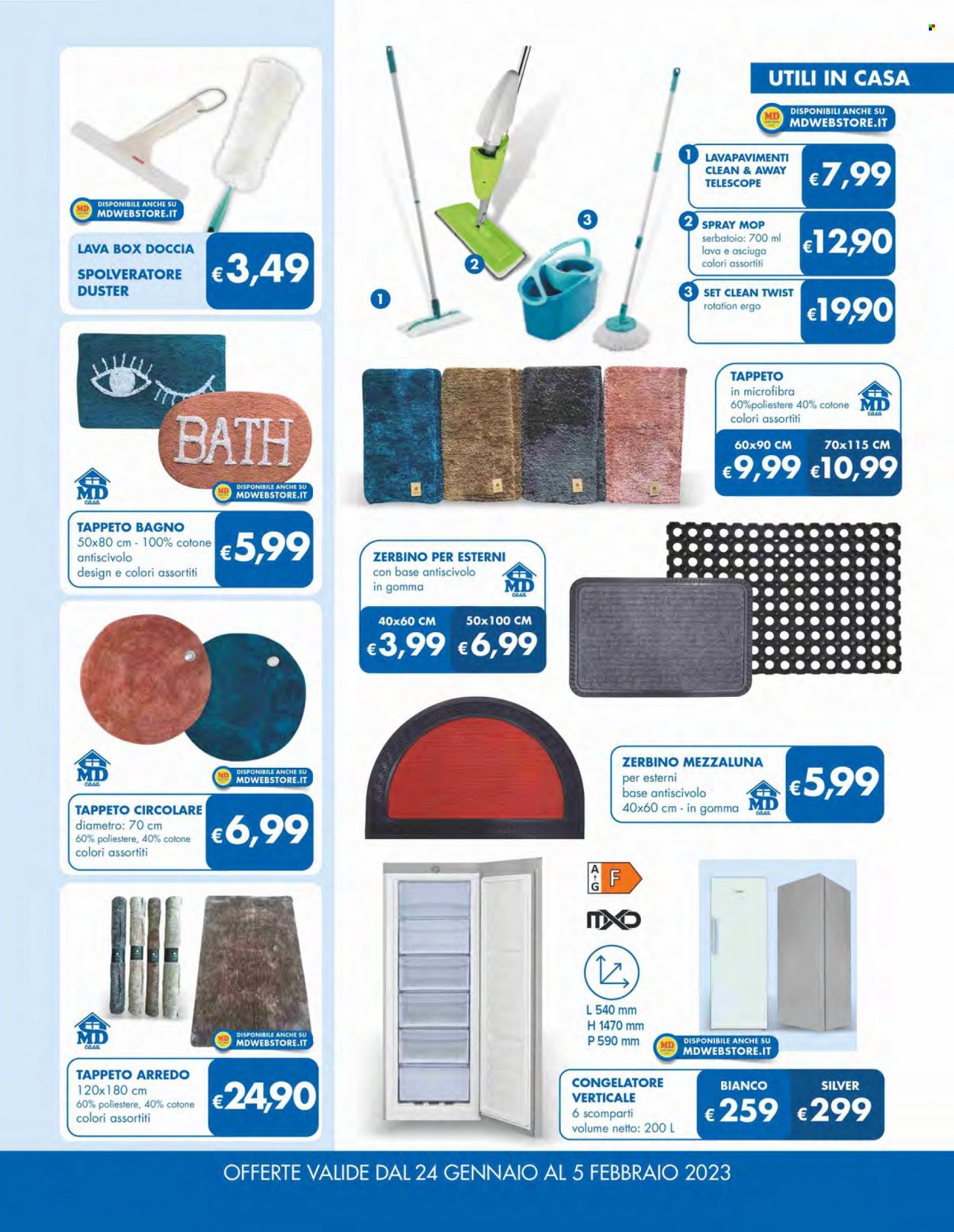 thumbnail - Volantino MD Discount - 24/1/2023 - 5/2/2023 - Prodotti in offerta - spray mop, mop, tappeto bagno, congelatore, doccia, zerbino, tappeto. Pagina 19.