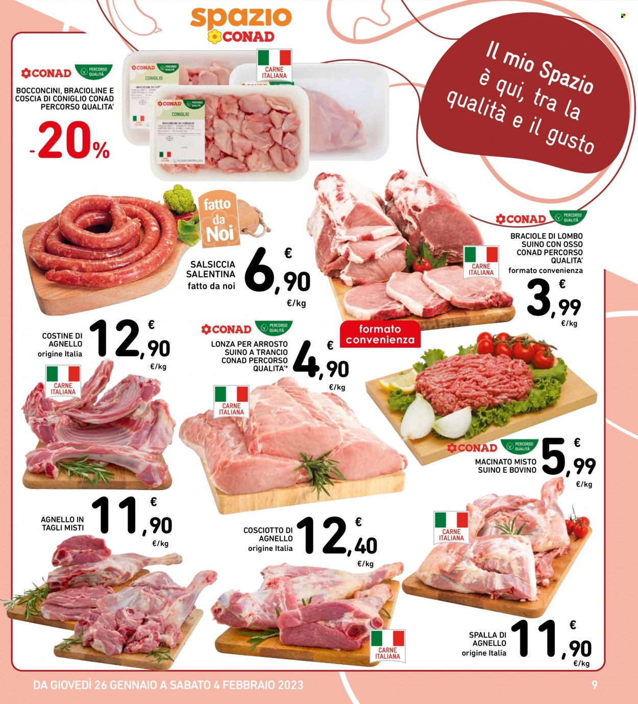 thumbnail - Volantino Conad - 26/1/2023 - 4/2/2023 - Prodotti in offerta - bocconcini, salsiccia, carne macinata, braciole di maiale, agnello, costolette d'agnello. Pagina 9.