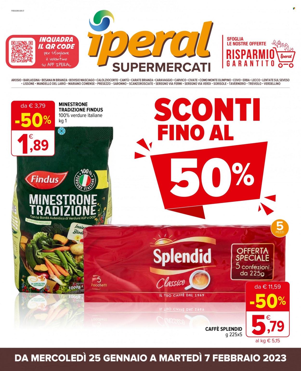 thumbnail - Volantino Iperal - 25/1/2023 - 7/2/2023 - Prodotti in offerta - Findus, minestrone, caffè, Splendid. Pagina 1.