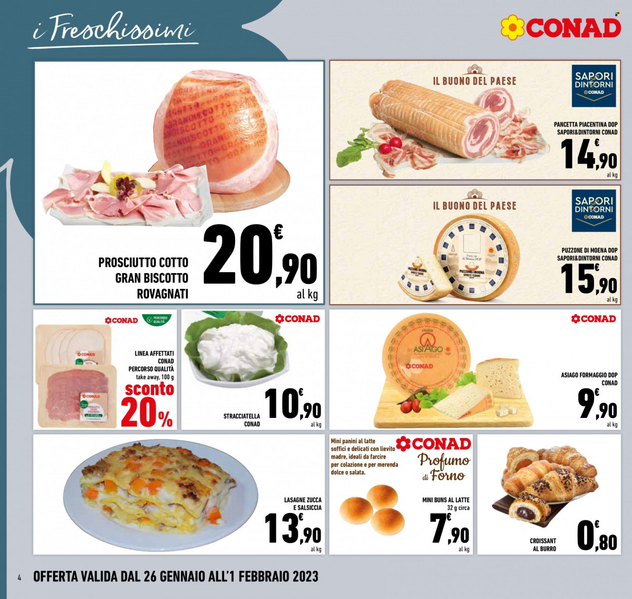 thumbnail - Volantino Conad - 26/1/2023 - 1/2/2023 - Prodotti in offerta - croissant, lasagne, pancetta, Rovagnati, formaggio, Asiago, formaggio stracciatella, profumo. Pagina 4.