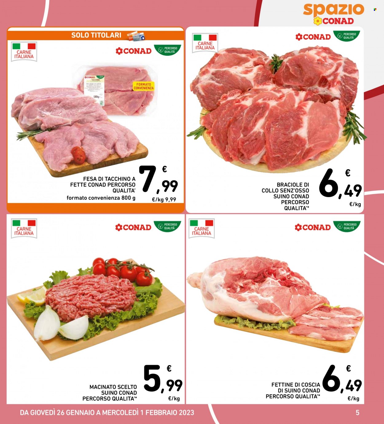 thumbnail - Volantino Conad - 26/1/2023 - 1/2/2023 - Prodotti in offerta - petto di tacchino, carne macinata, suino. Pagina 5.