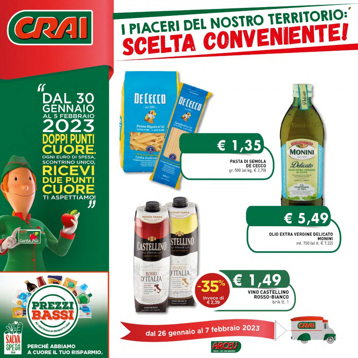 thumbnail - Volantino CRAI - 26/1/2023 - 7/2/2023 - Prodotti in offerta - De Cecco, pasta, penne, olio, olio extra vergine di oliva, Monini, vino bianco, vino. Pagina 1.