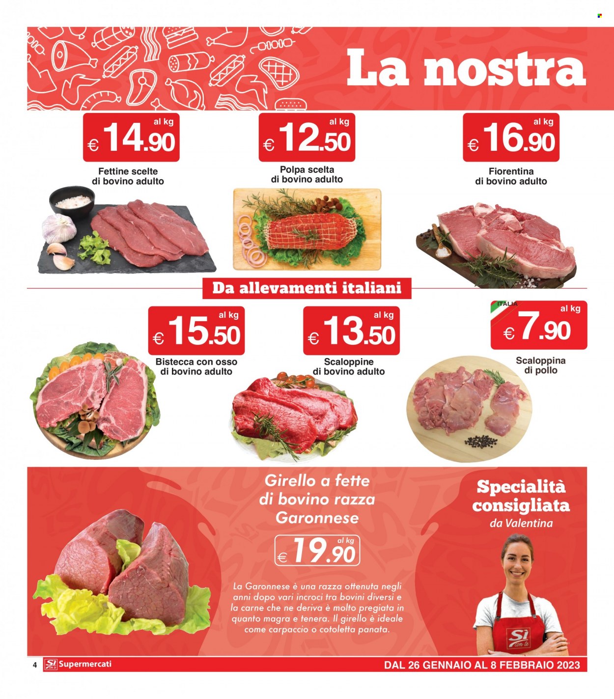thumbnail - Volantino Si con te Supermercati - 26/1/2023 - 8/2/2023 - Prodotti in offerta - bistecca, manzo, girello di bovino, carpaccio, fettine di bovino. Pagina 4.