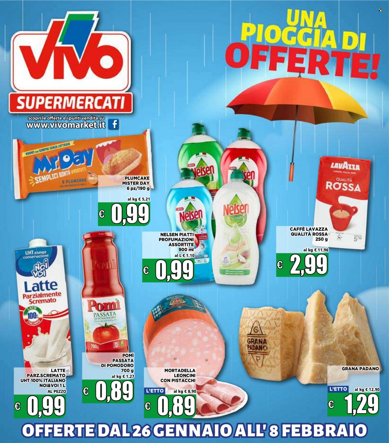 thumbnail - Volantino Supermercati VIVO - 26/1/2023 - 8/2/2023 - Prodotti in offerta - plumcake, mortadella, Grana Padano, latte parzialmente scremato, passata di pomodoro, caffè, Lavazza, vino. Pagina 1.