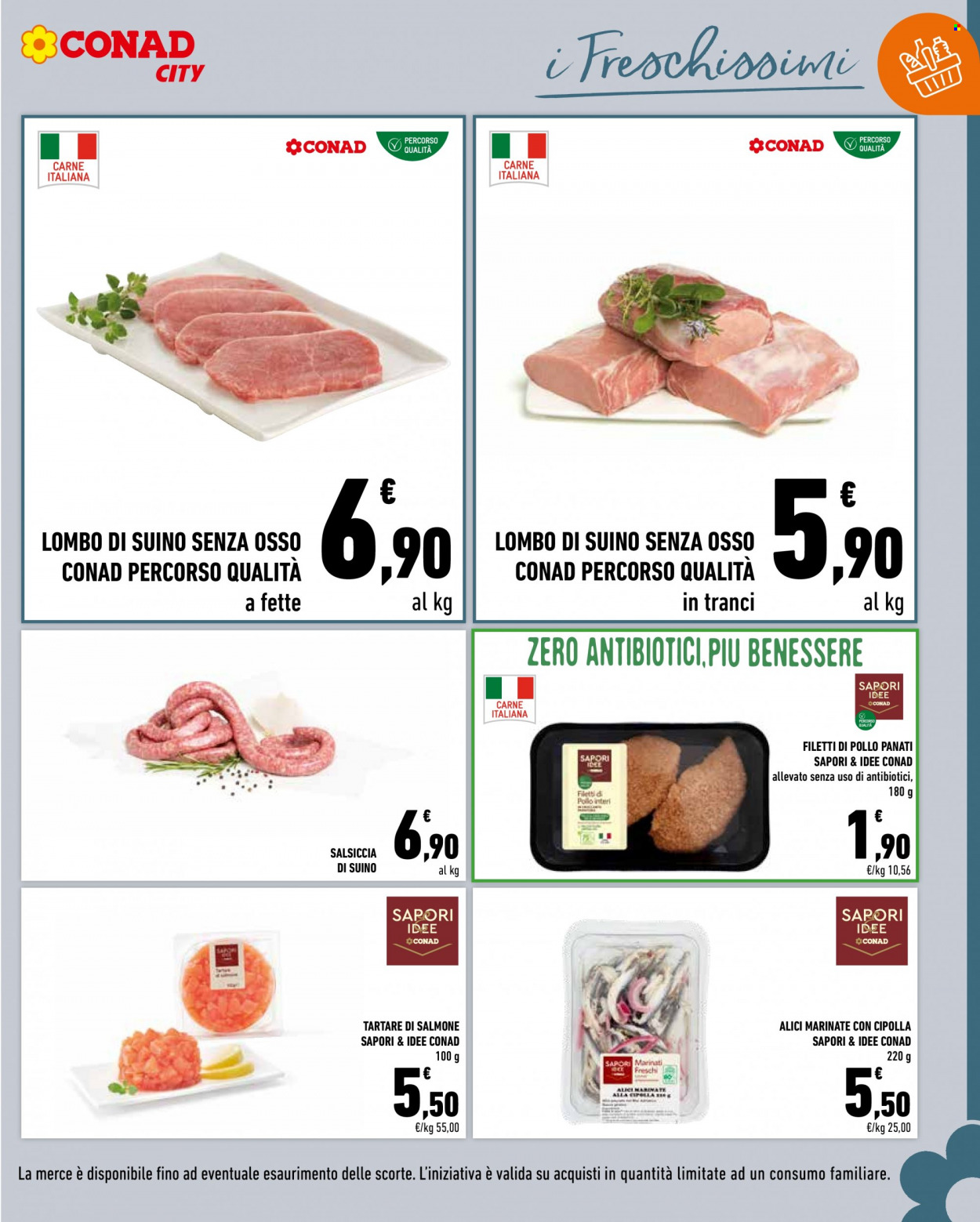 thumbnail - Volantino Conad - 27/1/2023 - 2/2/2023 - Prodotti in offerta - salsiccia, lombo di suino, salmone, tartare di pesce, acciughe. Pagina 7.