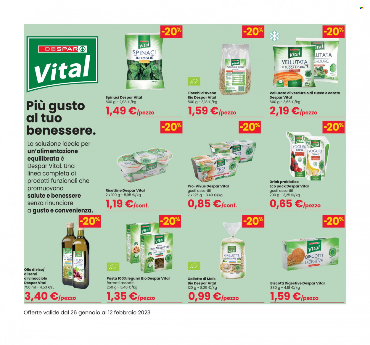 thumbnail - Volantino Interspar - 26/1/2023 - 12/2/2023 - Prodotti in offerta - spinaci, vellutata, gallette, biscotti, fiocchi d'avena, pasta, olio. Pagina 8.