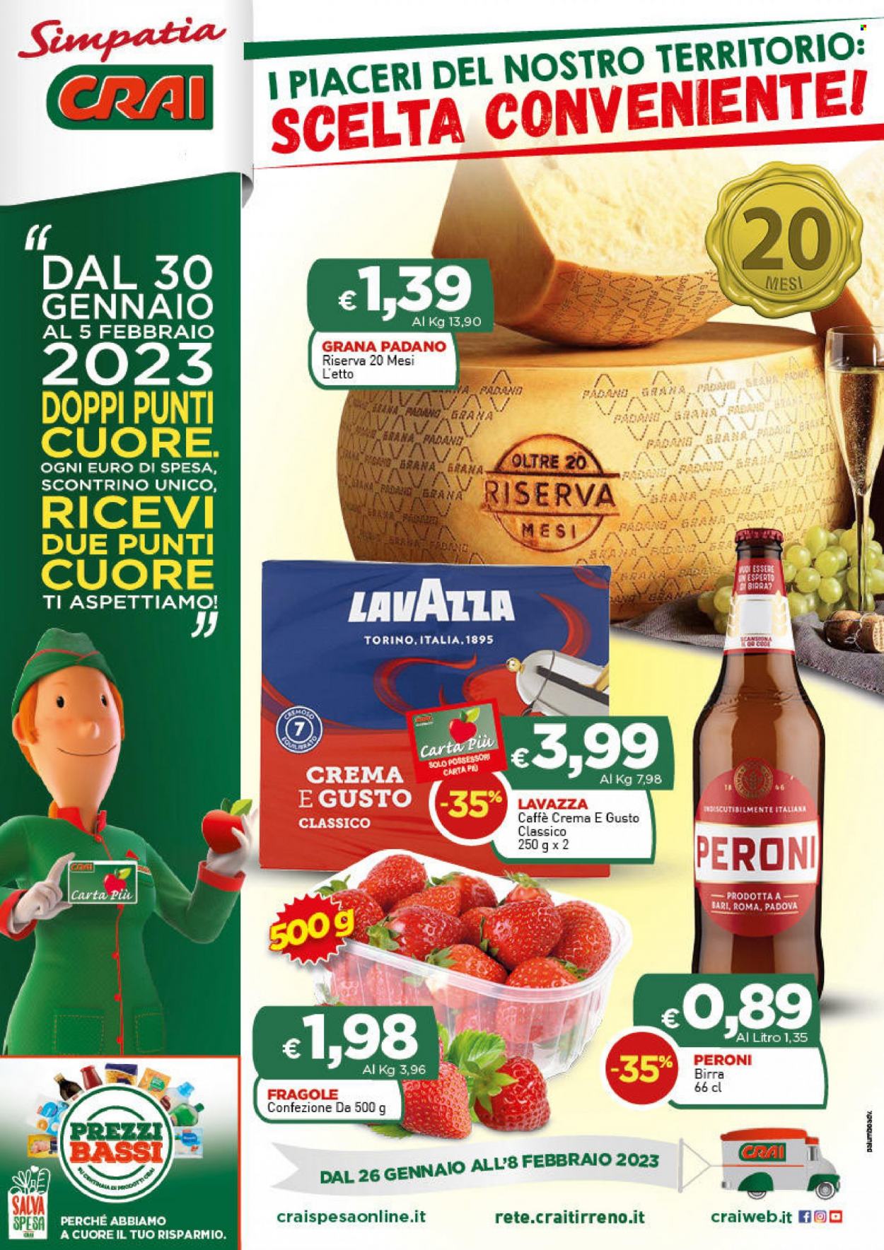 thumbnail - Volantino CRAI - 26/1/2023 - 8/2/2023 - Prodotti in offerta - Peroni, birra, fragole, formaggio, Grana Padano, caffè, Lavazza. Pagina 1.