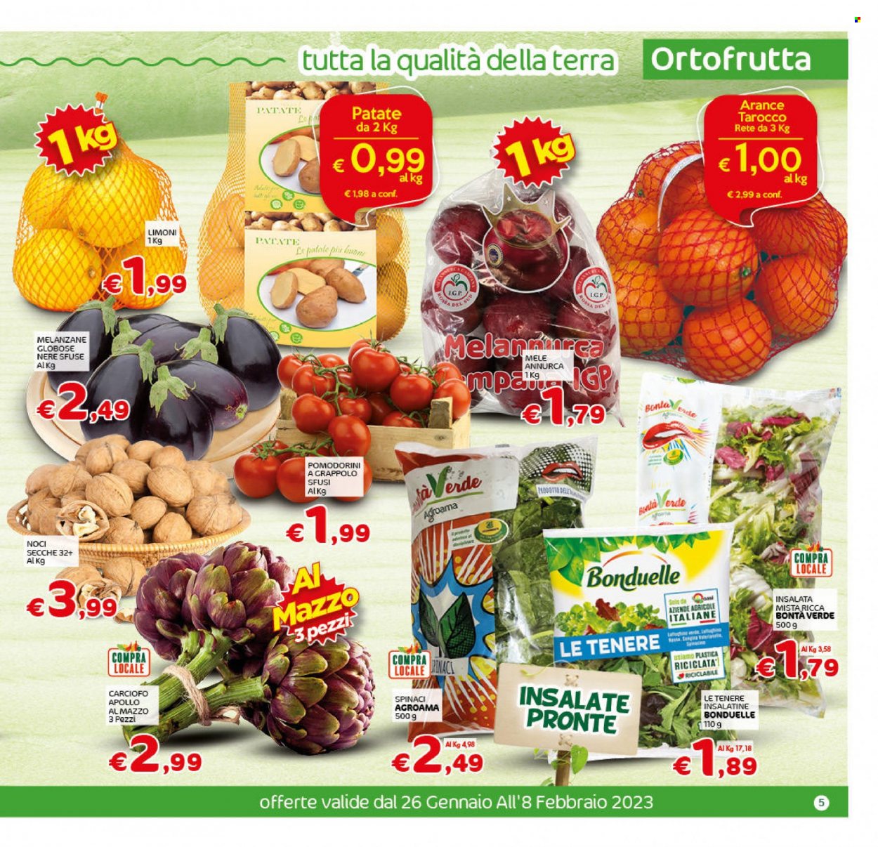 thumbnail - Volantino CRAI - 26/1/2023 - 8/2/2023 - Prodotti in offerta - insalata mista, melanzane, Bonduelle, spinaci, pomodorini, mele, limoni, arance, noci. Pagina 5.