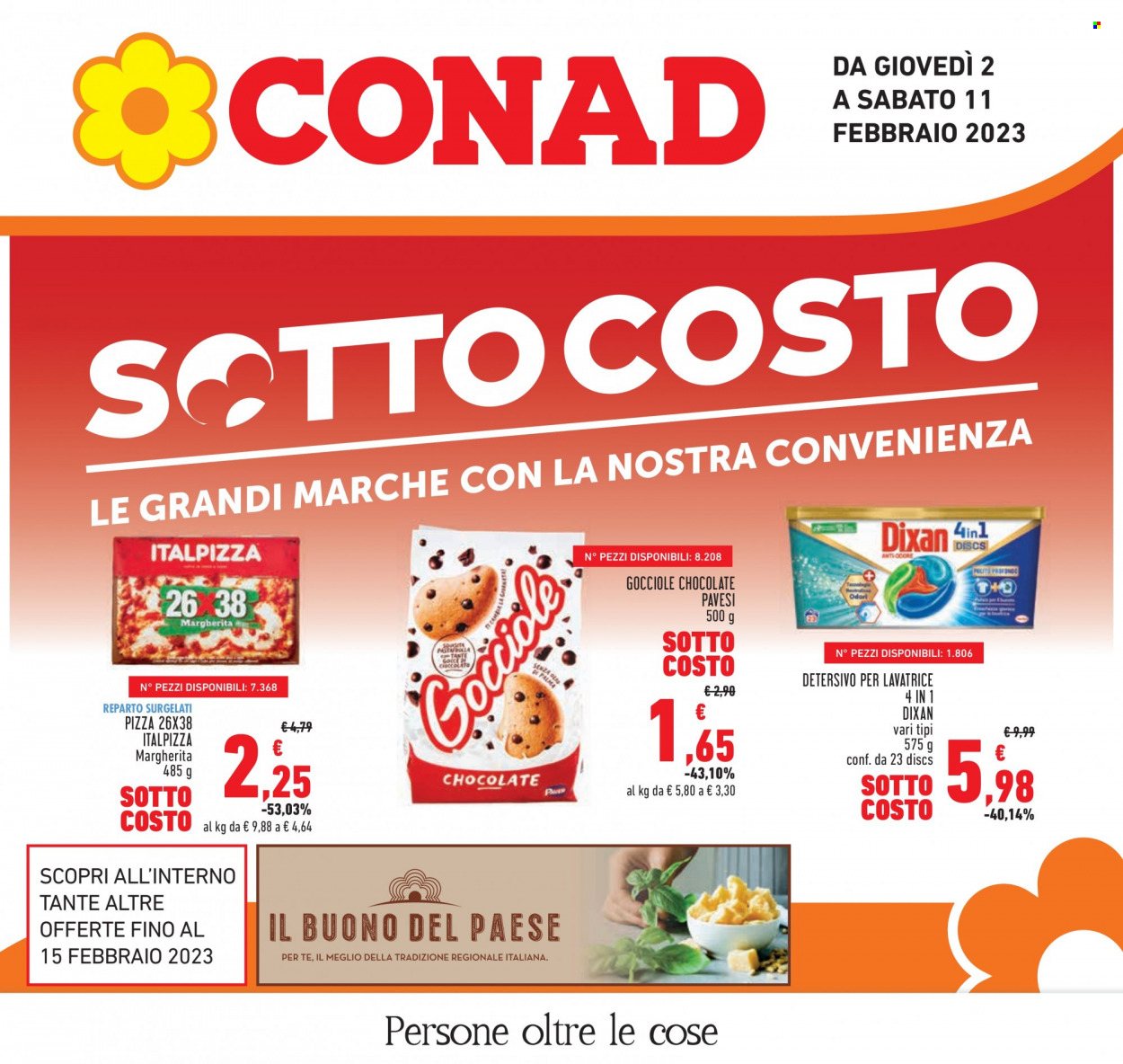thumbnail - Volantino Conad - 2/2/2023 - 11/2/2023 - Prodotti in offerta - pizza, Italpizza, biscotti, Pavesi, detersivo per lavatrice, Dixan. Pagina 1.