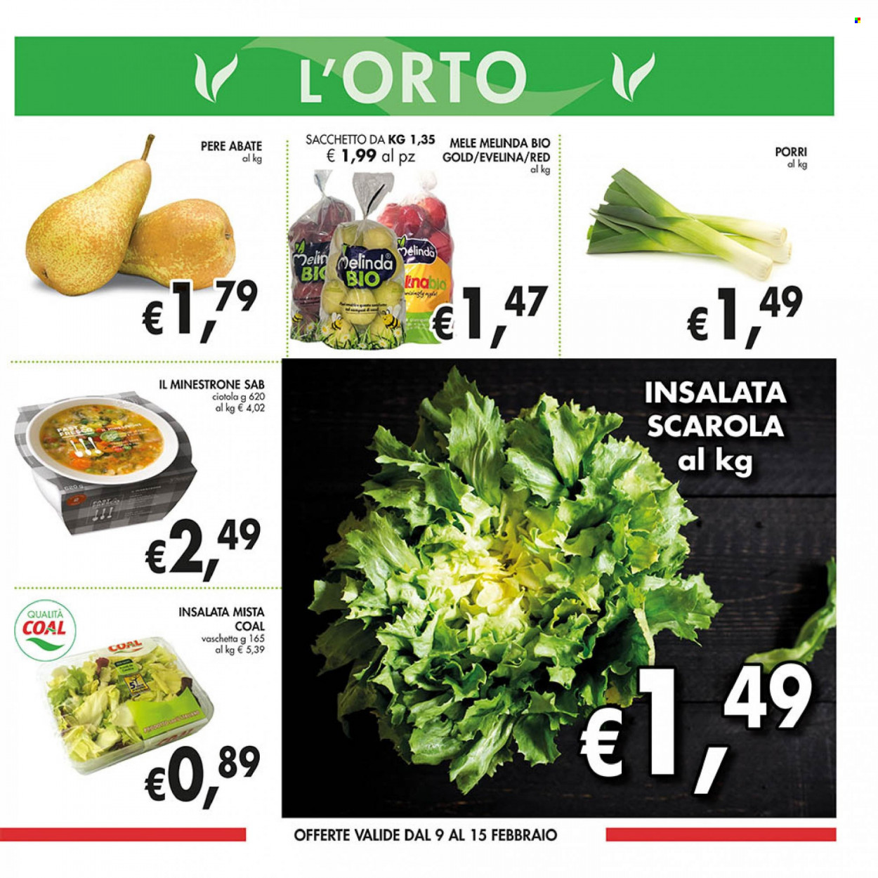 thumbnail - Volantino COAL - 2/2/2023 - 15/2/2023 - Prodotti in offerta - insalata mista, scarola, porri, mele, pere, minestrone, ciotola. Pagina 3.