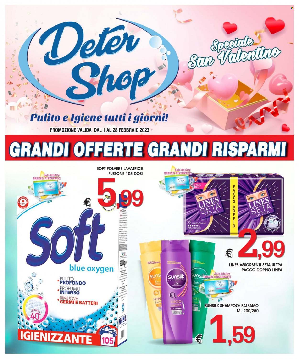 thumbnail - Volantino Deter Shop - 1/2/2023 - 28/2/2023 - Prodotti in offerta - detersivo per lavatrice, Lines, assorbenti, balsamo, shampoo, Sunsilk, profumo, Raid. Pagina 1.