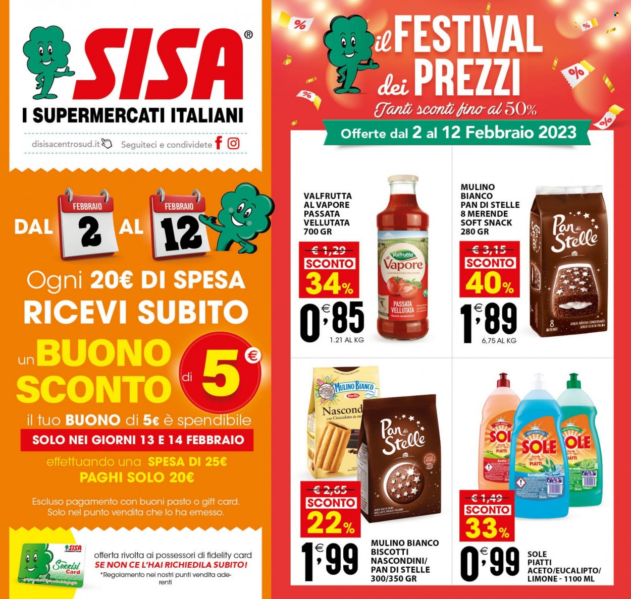thumbnail - Volantino SISA - 2/2/2023 - 12/2/2023 - Prodotti in offerta - Mulino Bianco, Pan di Stelle, biscotti, Valfrutta, Barilla, passata di pomodoro, aceto. Pagina 1.