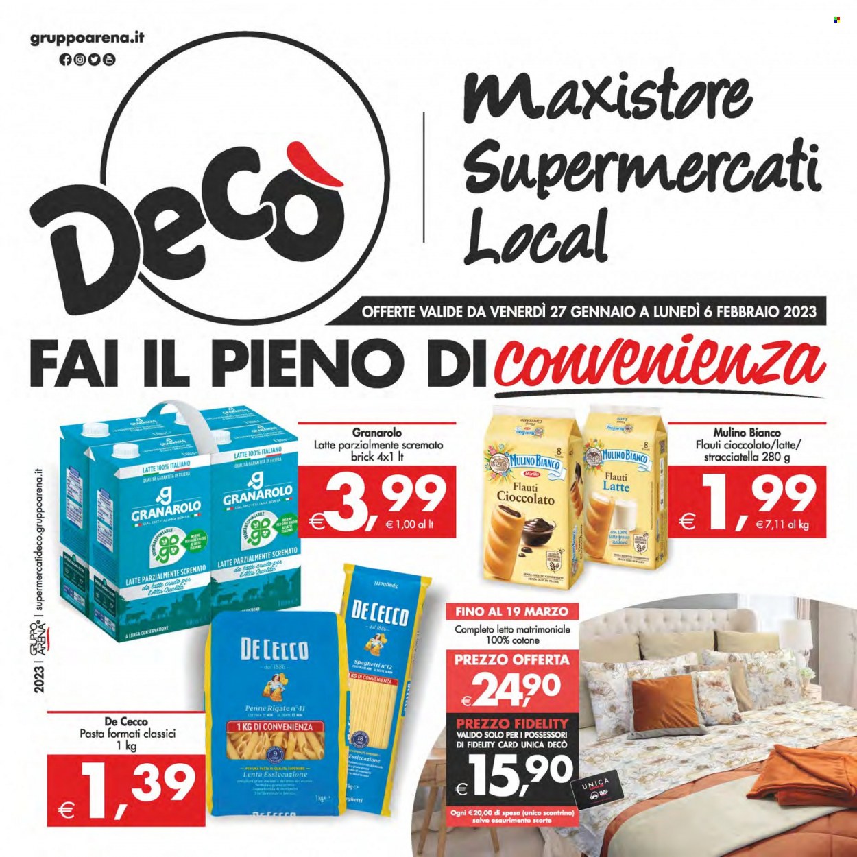 thumbnail - Volantino Deco - 27/1/2023 - 6/2/2023 - Prodotti in offerta - Mulino Bianco, Granarolo, latte parzialmente scremato, De Cecco, spaghetti, pasta, penne, completo letto. Pagina 1.