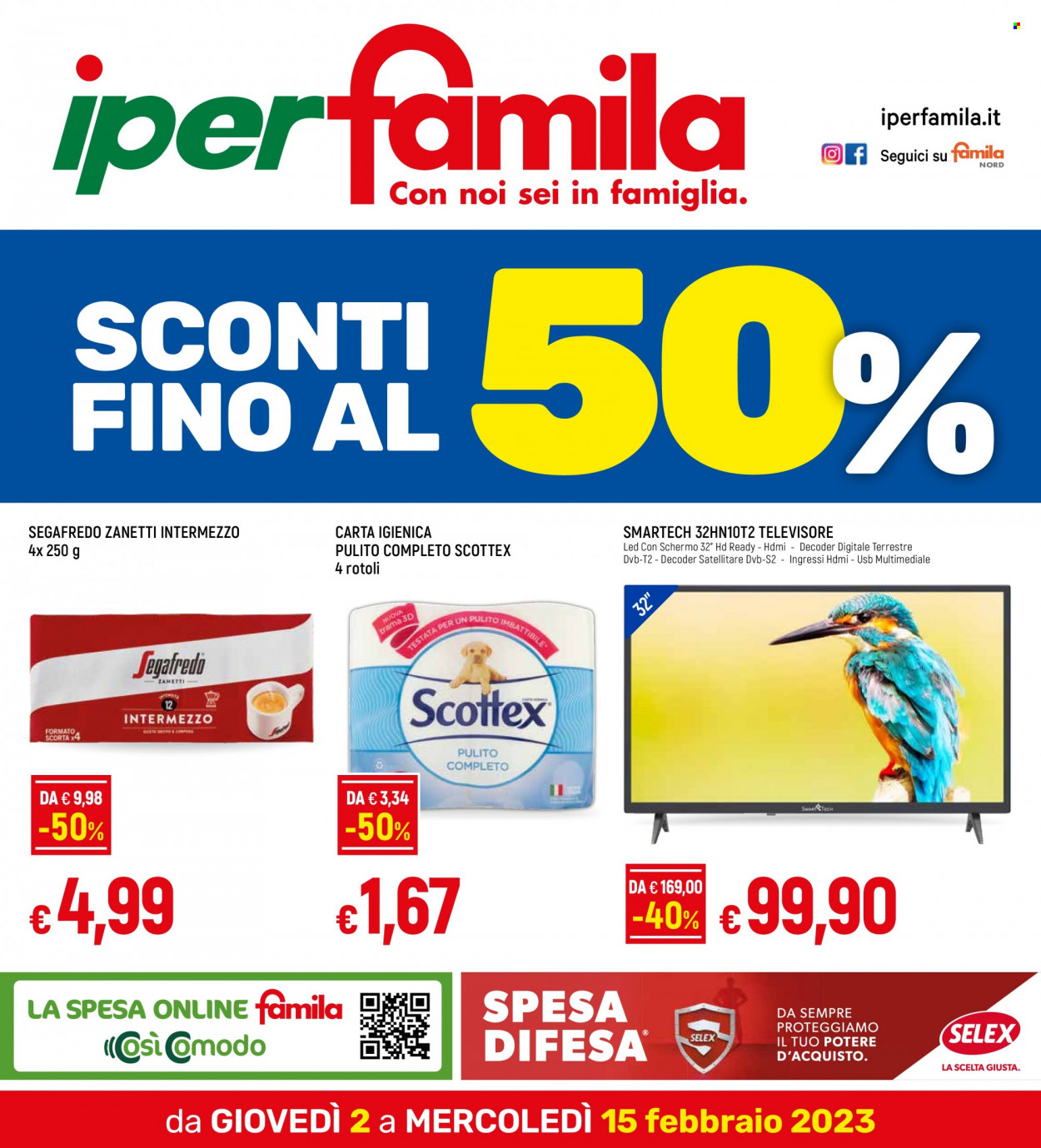 thumbnail - Volantino Famila - 2/2/2023 - 15/2/2023 - Prodotti in offerta - Segafredo, carta igienica, Scottex, LED TV, televisore. Pagina 1.