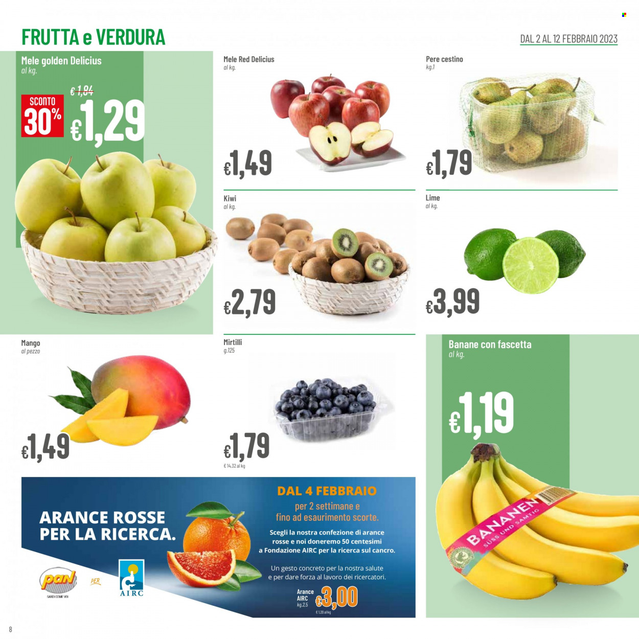 thumbnail - Volantino Pan - 2/2/2023 - 11/2/2023 - Prodotti in offerta - banane, mele, pere, mango, mirtilli, lime, kiwi, Delicius. Pagina 8.
