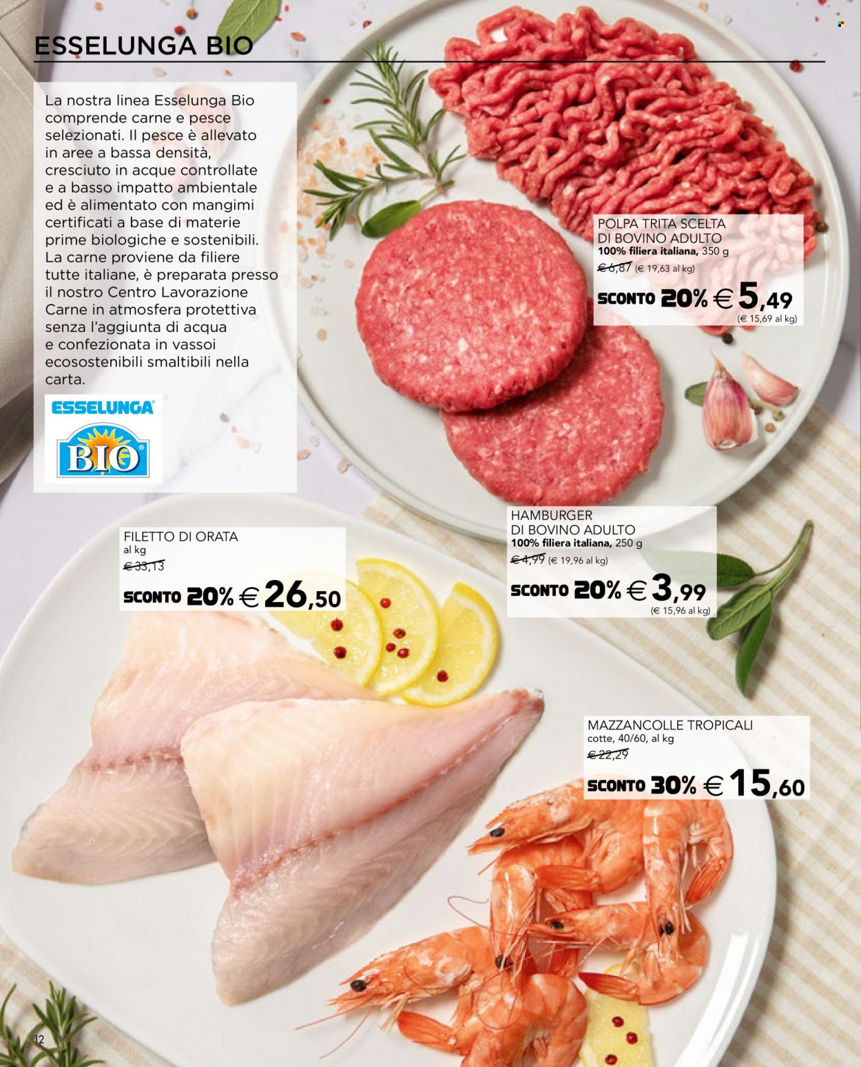 thumbnail - Volantino Esselunga - 2/2/2023 - 15/2/2023 - Prodotti in offerta - hamburger, mazzancolle, orata. Pagina 12.