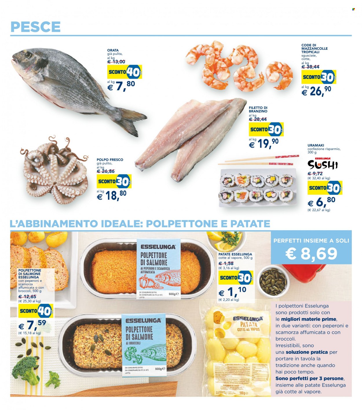 thumbnail - Volantino Esselunga - 2/2/2023 - 15/2/2023 - Prodotti in offerta - broccoli, polpettone, salmone, branzino, spigola, pesce, mazzancolle, orata, polpo, filetti di branzino, sushi. Pagina 14.