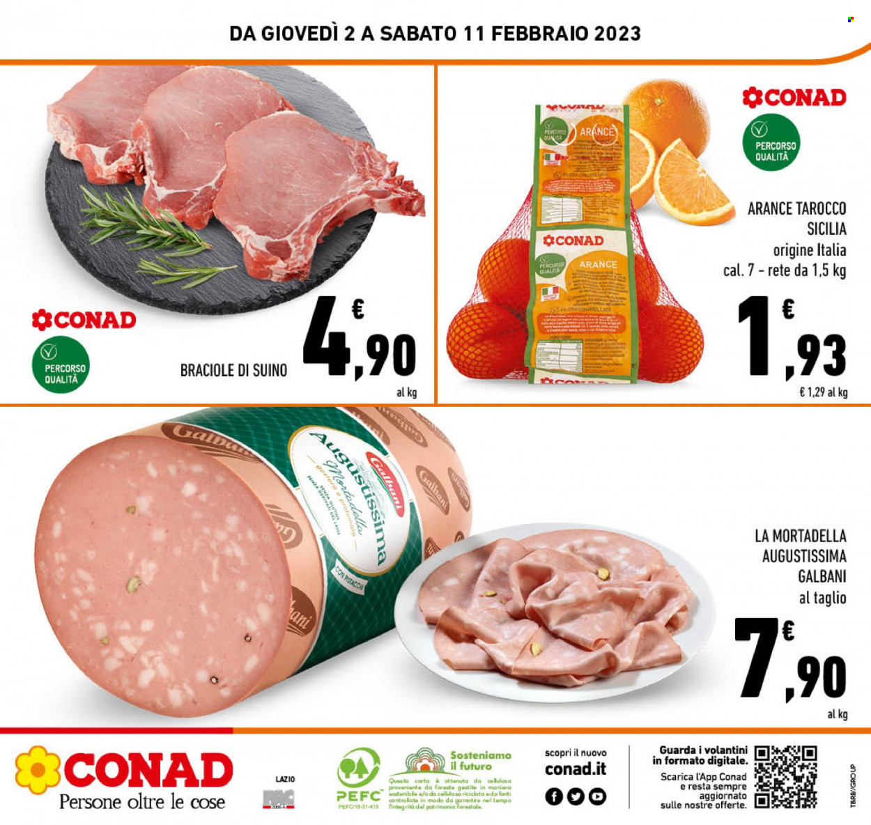 thumbnail - Volantino Conad - 2/2/2023 - 11/2/2023 - Prodotti in offerta - arance, braciole di maiale, suino, Galbani, mortadella. Pagina 24.