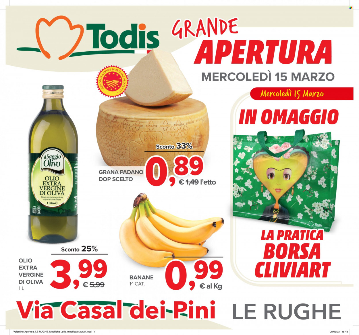 thumbnail - Volantino Todis - 15/3/2023 - 29/3/2023 - Prodotti in offerta - banane, formaggio, Grana Padano, olio, olio extra vergine di oliva, borsa. Pagina 1.
