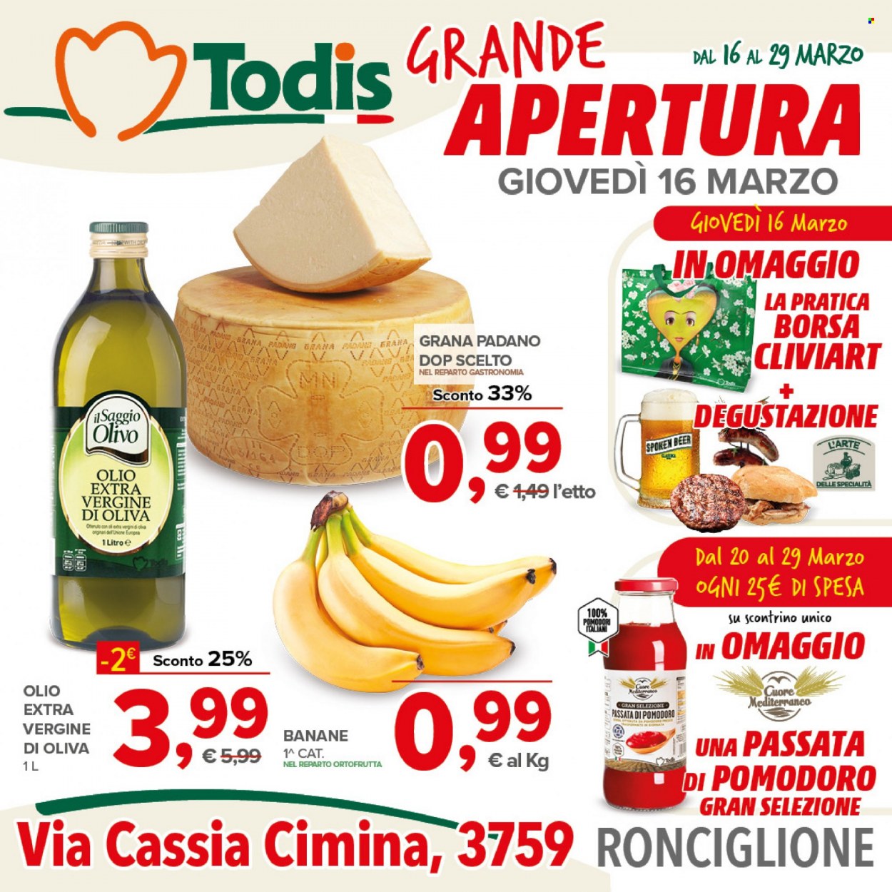 thumbnail - Volantino Todis - 16/3/2023 - 29/3/2023 - Prodotti in offerta - banane, passata di pomodoro, olio extra vergine di oliva. Pagina 1.