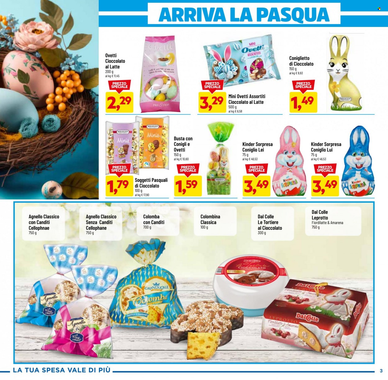 thumbnail - Volantino Dpiù - 13/3/2023 - 26/3/2023 - Prodotti in offerta - Kinder, colomba, agnello, Fior di Latte, cioccolato al latte, Kinder Sorpresa. Pagina 3.