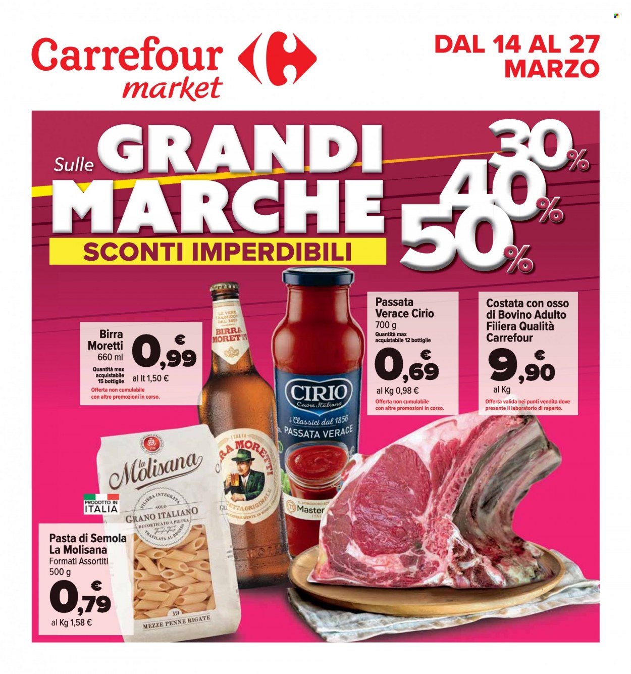 thumbnail - Volantino Carrefour - 14/3/2023 - 27/3/2023 - Prodotti in offerta - Birra Moretti, birra, costata di manzo, manzo, passata di pomodoro, Cirio, pasta, penne. Pagina 1.