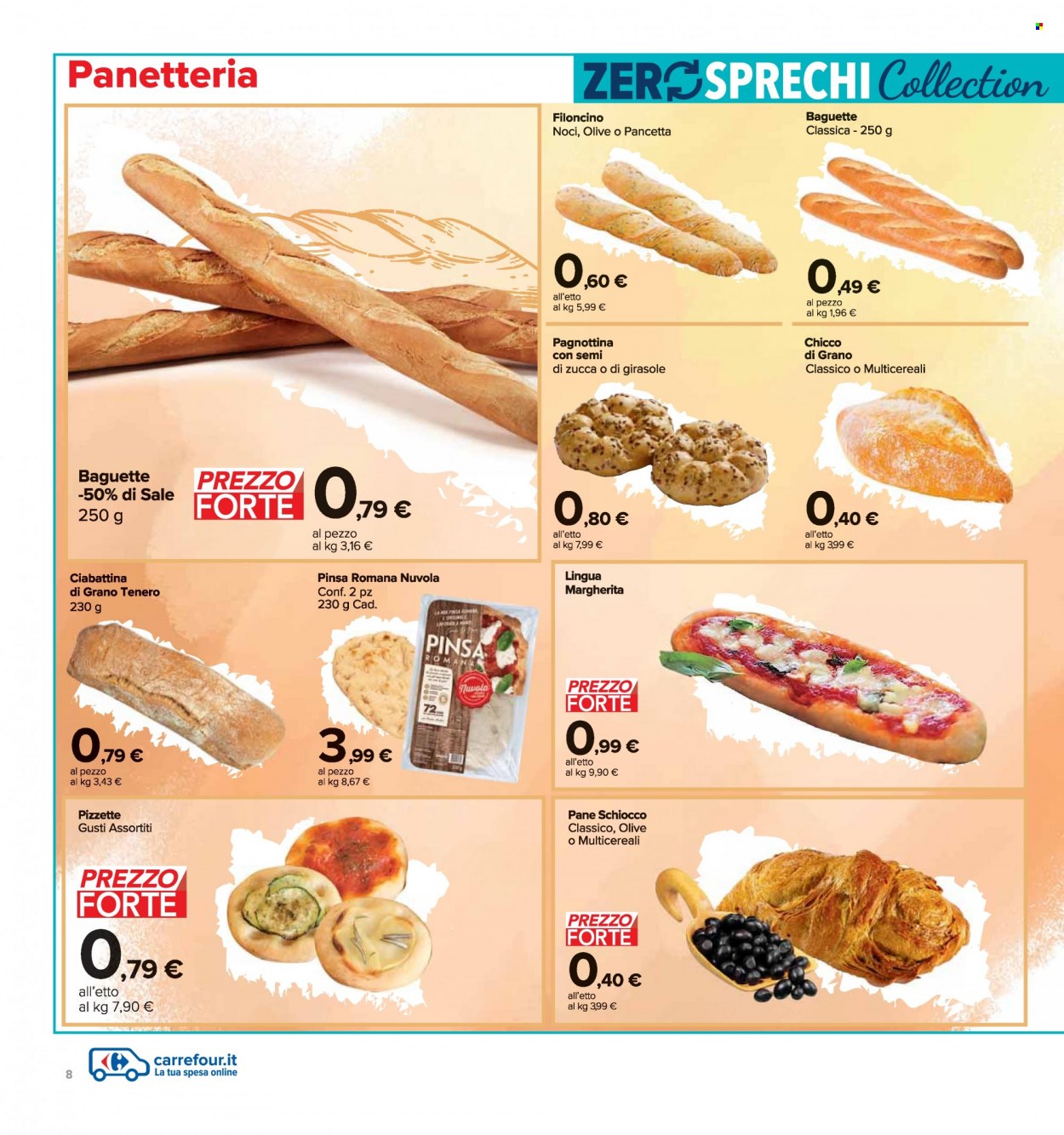 thumbnail - Volantino Carrefour - 14/3/2023 - 27/3/2023 - Prodotti in offerta - pane, baguette, pancetta, olive, semi di zucca, noci. Pagina 8.