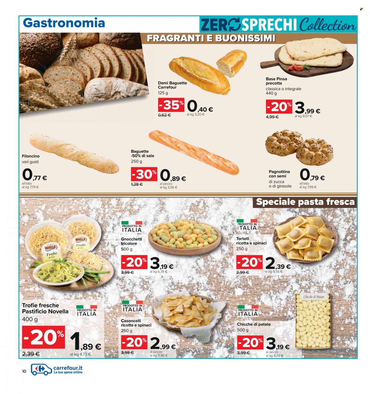 Volantino Carrefour - 14/3/2023 - 27/3/2023 - Prodotti in offerta - baguette, base pinsa, chicche, pasta fresca, trofie. Pagina 10.
