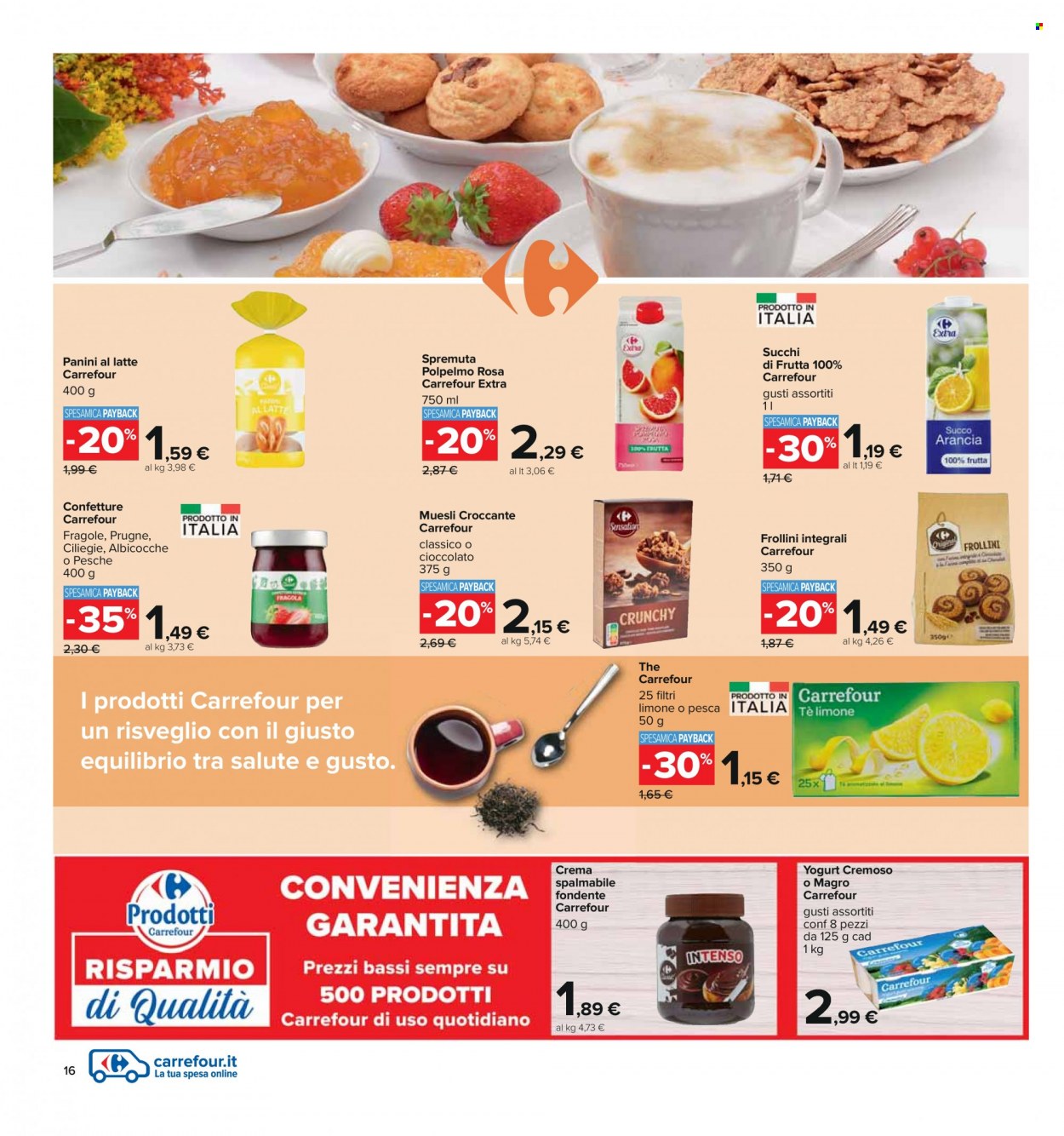 thumbnail - Volantino Carrefour - 14/3/2023 - 27/3/2023 - Prodotti in offerta - prugne, yogurt, frollini, müsli, crema spalmabile, confettura, succo, spremuta. Pagina 16.