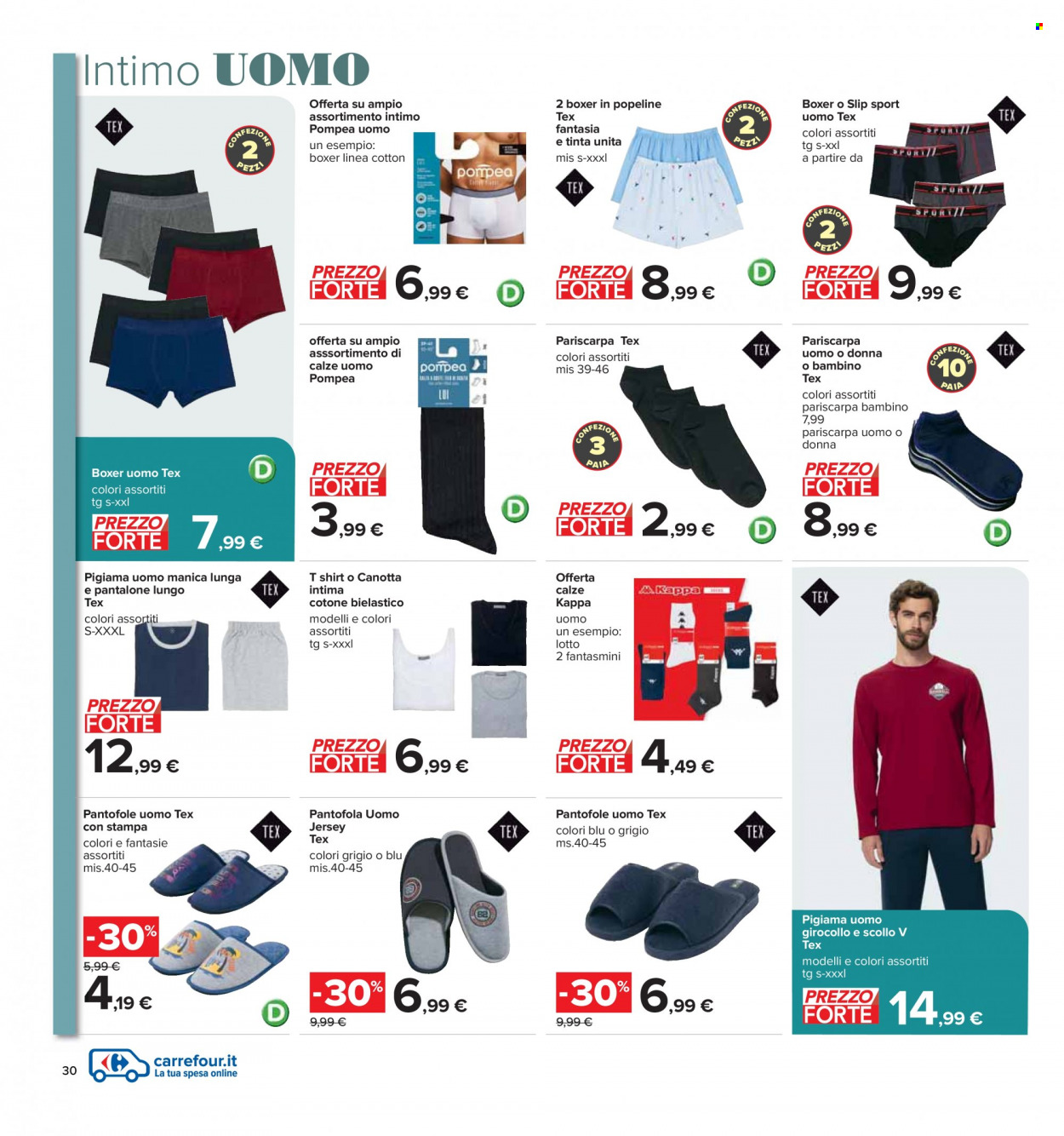 Volantino Carrefour - 14/3/2023 - 27/3/2023 - Prodotti in offerta - Kappa, Lotto, pantalone, t-shirt, pigiama, pigiama uomo, calze, fantasmini. Pagina 30.