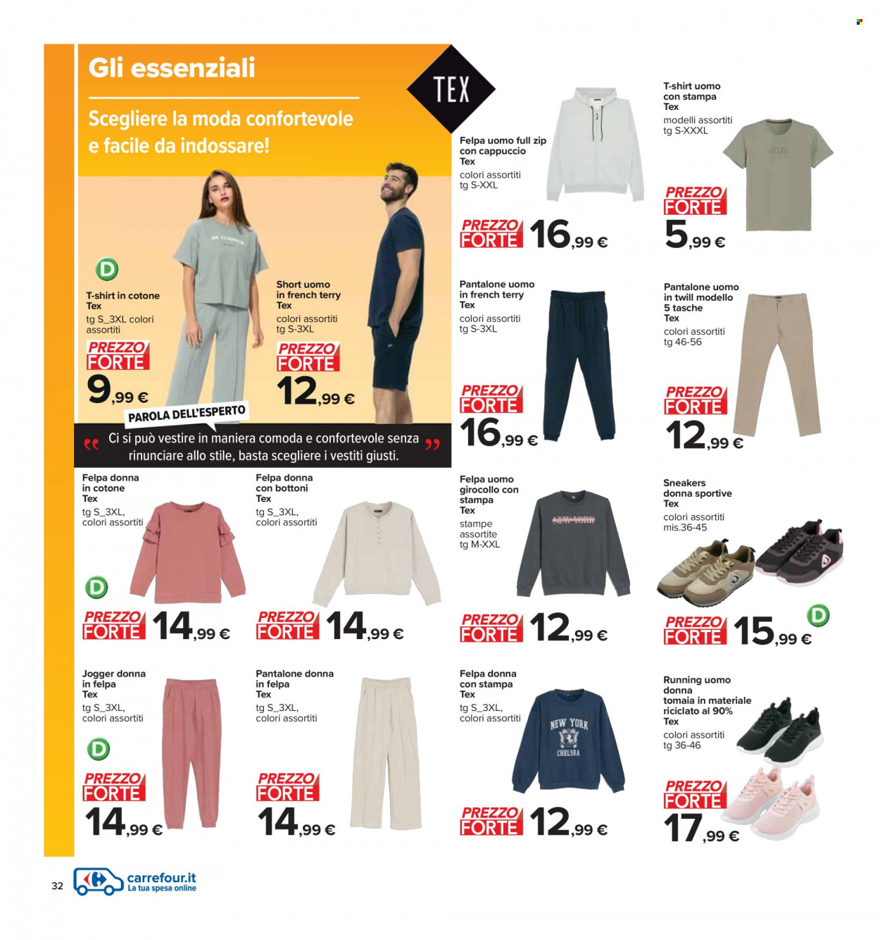 Volantino Carrefour - 14/3/2023 - 27/3/2023 - Prodotti in offerta - Sneakers, pantalone, t-shirt, felpa. Pagina 32.