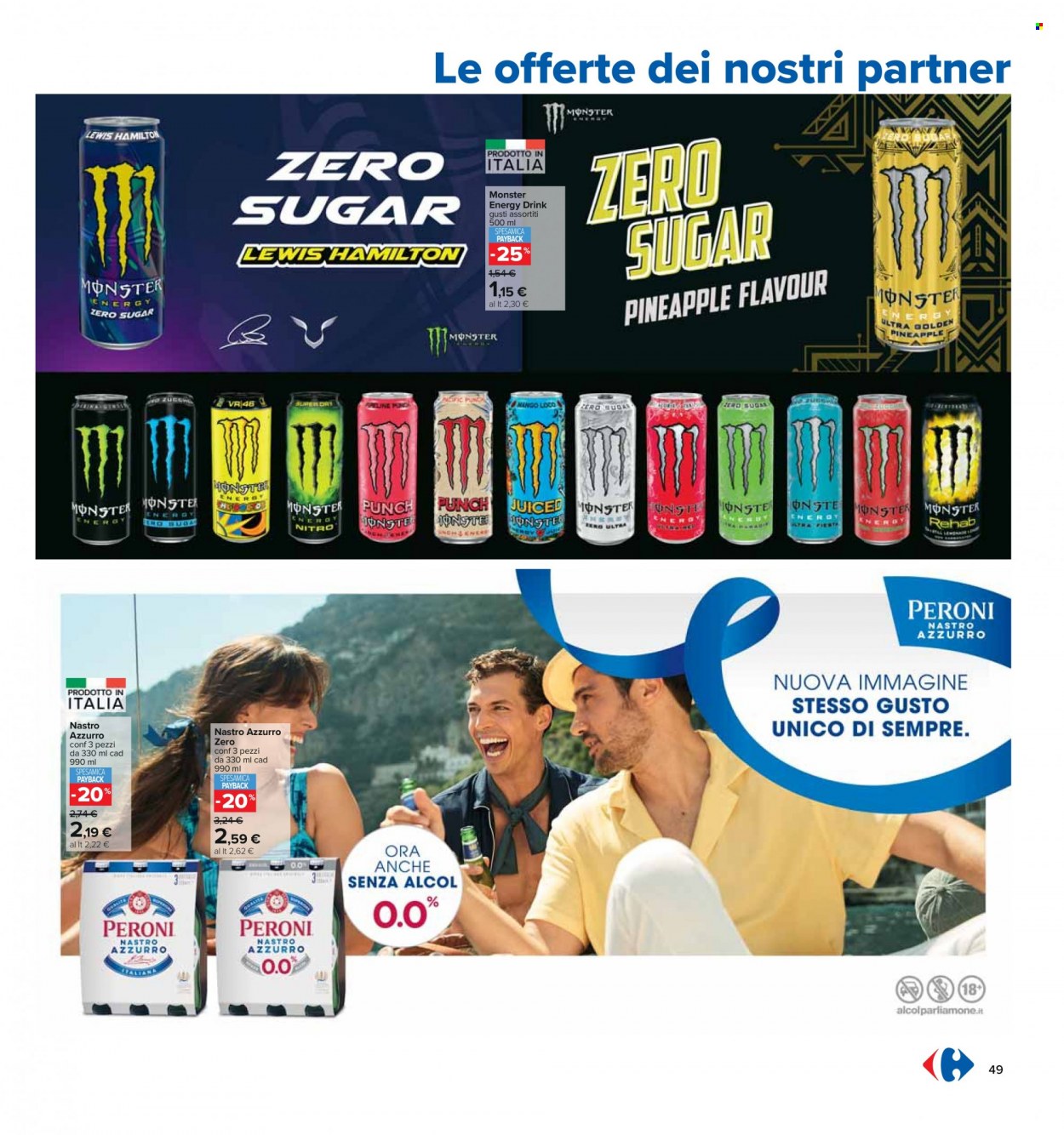 thumbnail - Volantino Carrefour - 14/3/2023 - 27/3/2023 - Prodotti in offerta - Peroni, birra, Nastro Azzurro, mango, formaggio, münster, energy drink, Monster Energy. Pagina 49.
