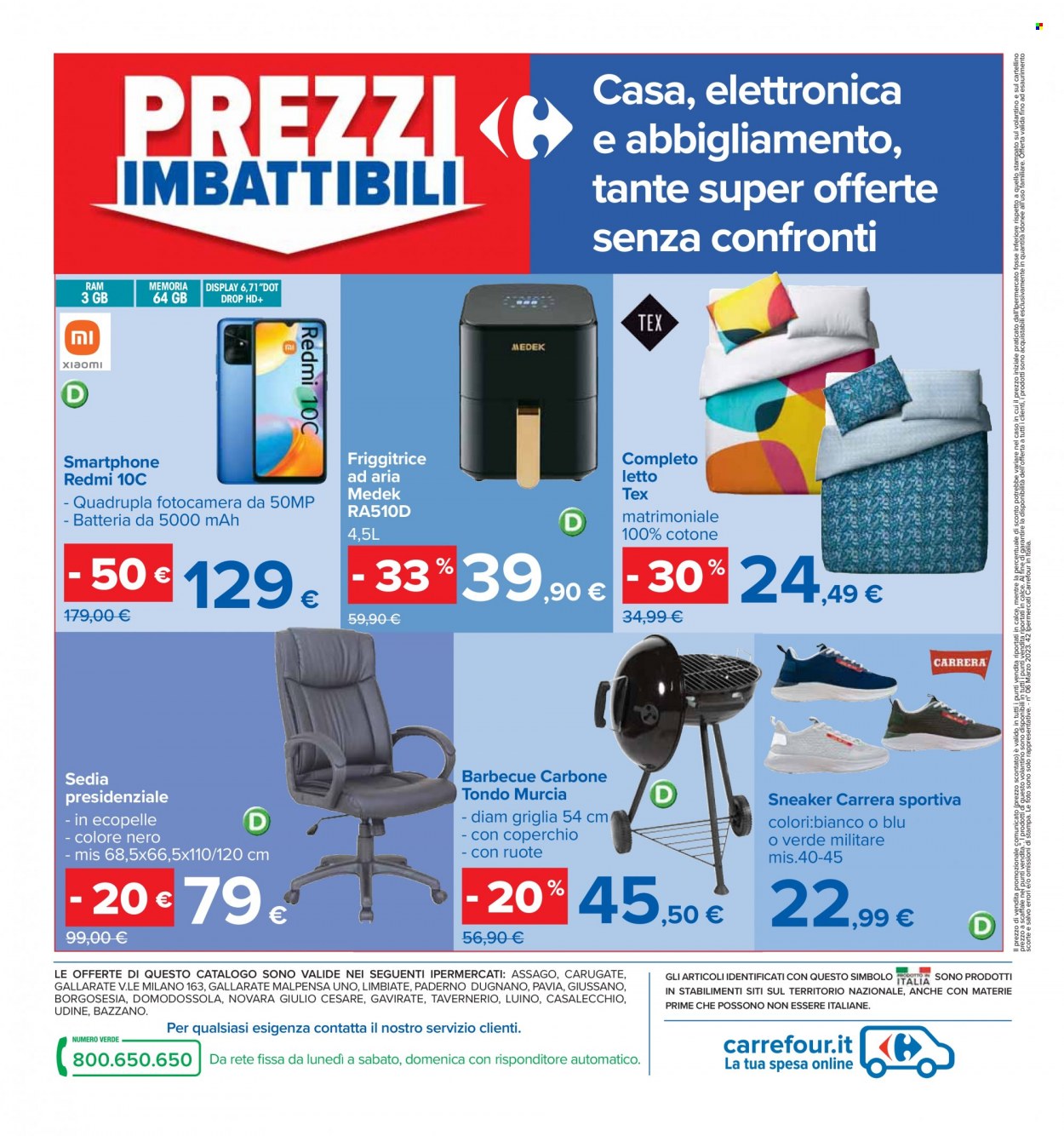 Volantino Carrefour - 14/3/2023 - 27/3/2023 - Prodotti in offerta - Carrera, friggitrice, completo letto, smartphone, Xiaomi Redmi, friggitrice ad aria, sedia, sedia presidenziale, barbecue. Pagina 52.