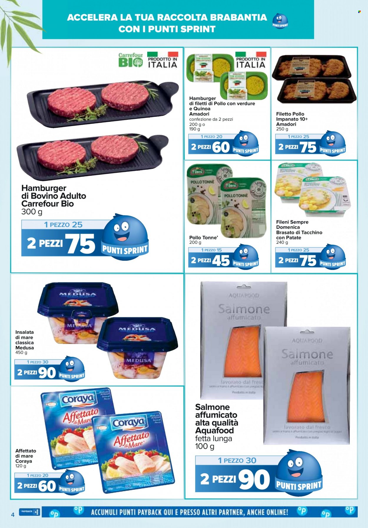 thumbnail - Volantino Carrefour - 14/3/2023 - 10/4/2023 - Prodotti in offerta - Amadori, hamburger, salmone, salmone affumicato, insalata di mare. Pagina 4.