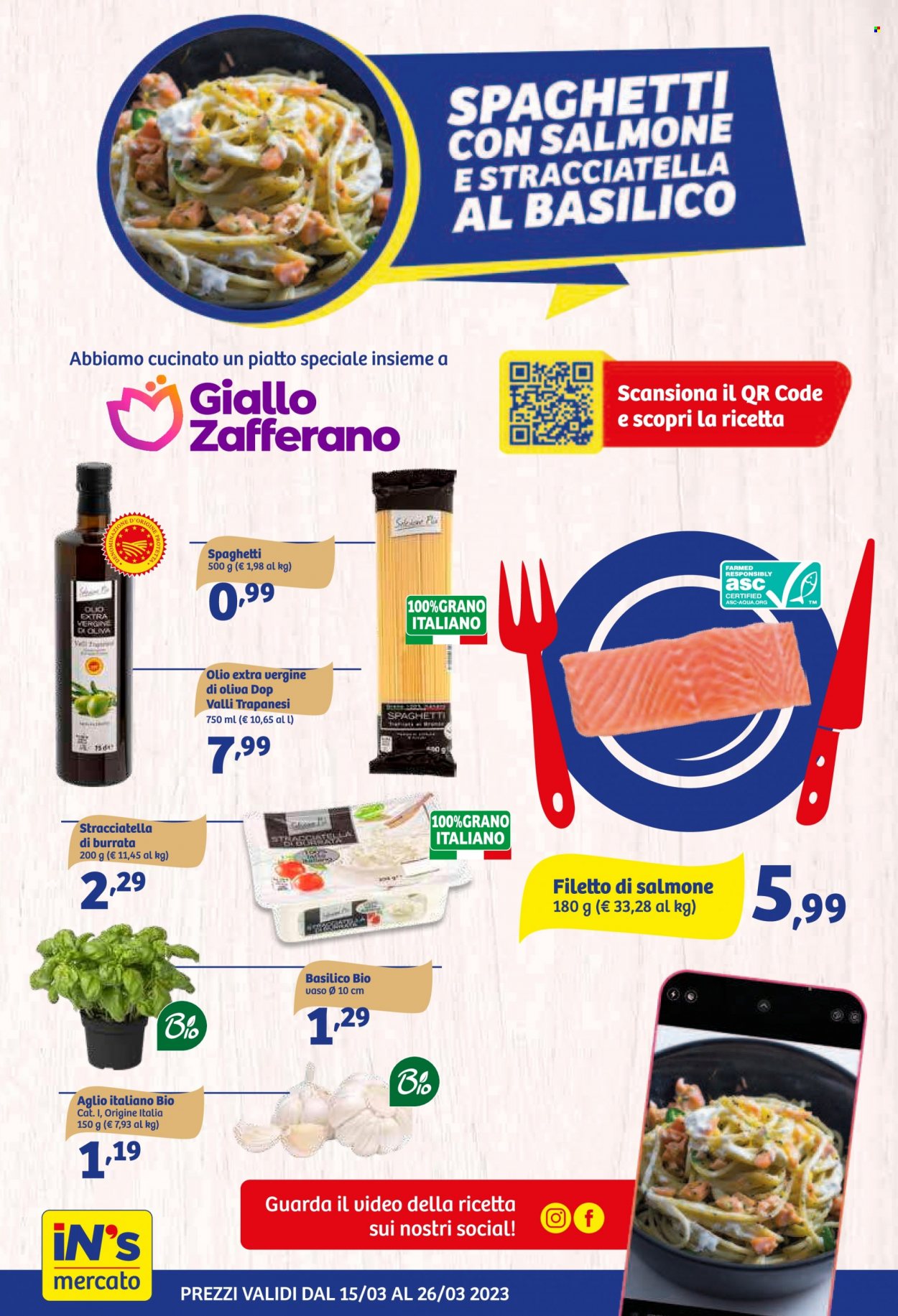 thumbnail - Volantino iN's Mercato - 15/3/2023 - 26/3/2023 - Prodotti in offerta - aglio, formaggio, burrata, spaghetti, zafferano, olio, olio extra vergine di oliva. Pagina 4.