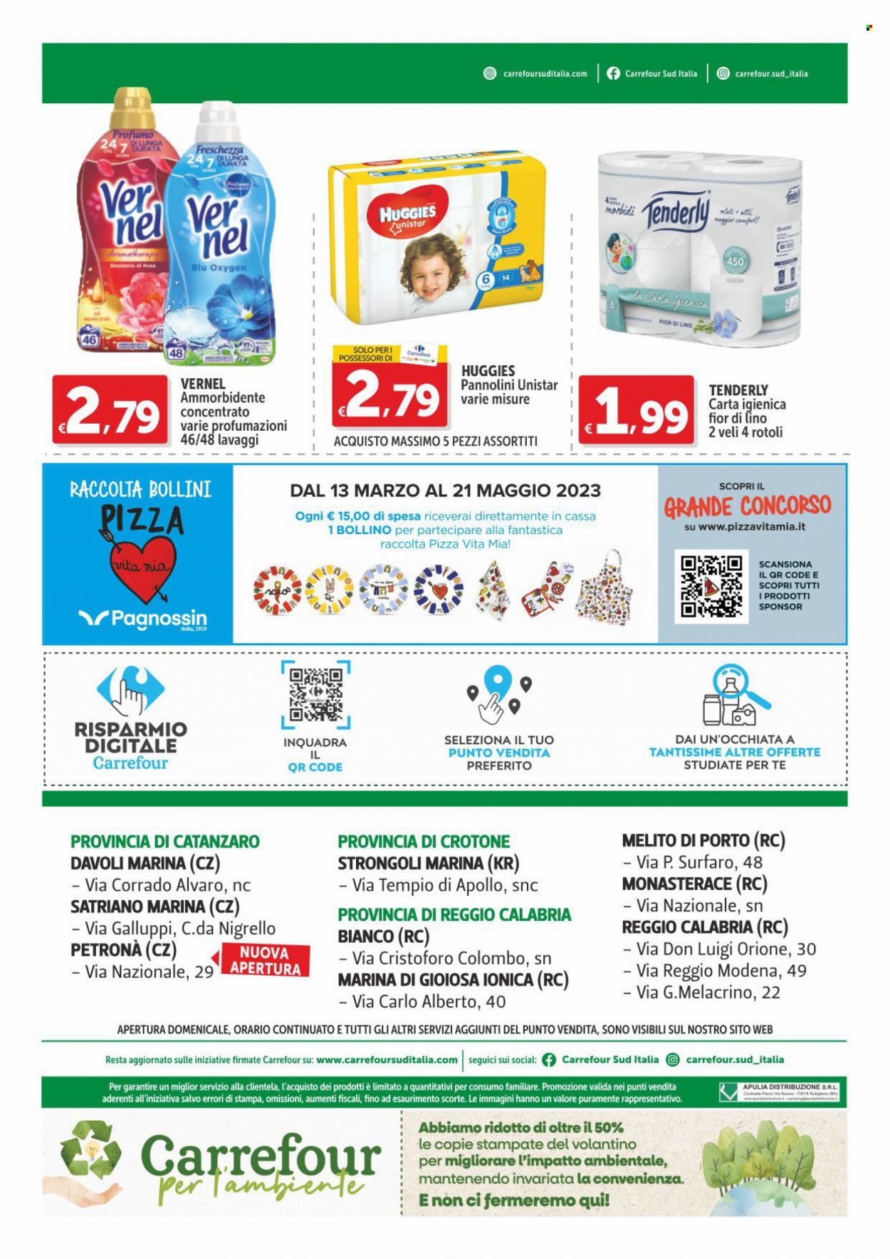 Volantino Carrefour - 16/3/2023 - 25/3/2023 - Prodotti in offerta - pizza, pannolini, Huggies, carta igienica, Tenderly, ammorbidente, Vernel, profumo. Pagina 20.
