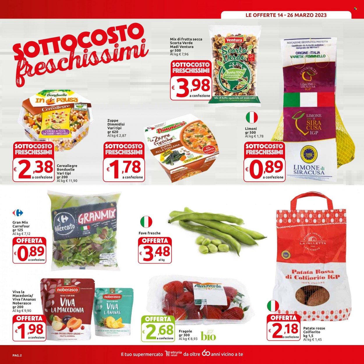 Volantino Carrefour - 14/3/2023 - 26/3/2023 - Prodotti in offerta - patate, Bonduelle, fave, fave fresche, patate rosse, limoni, fragole, Star, cereali. Pagina 2.