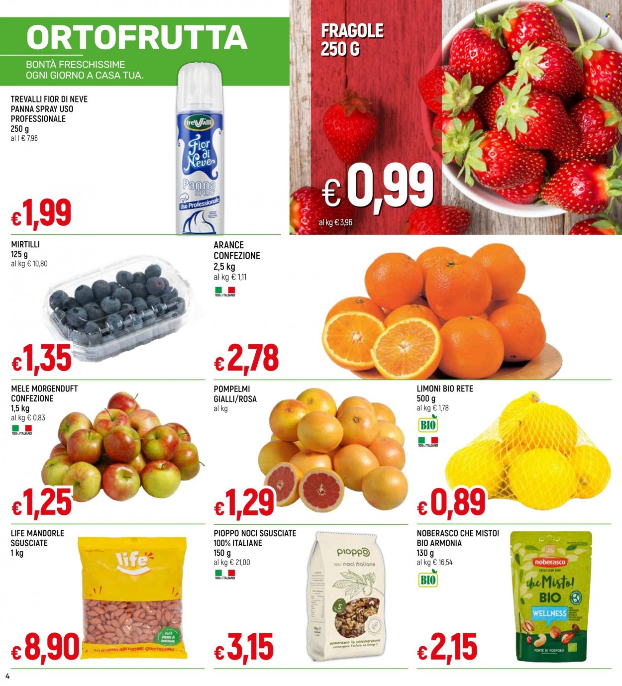 Volantino Famila - 16/3/2023 - 29/3/2023 - Prodotti in offerta - mele, limoni, arance, fragole, mirtilli, Tre Valli, panna, panna montata spray, Star, mandorle, noci. Pagina 4.