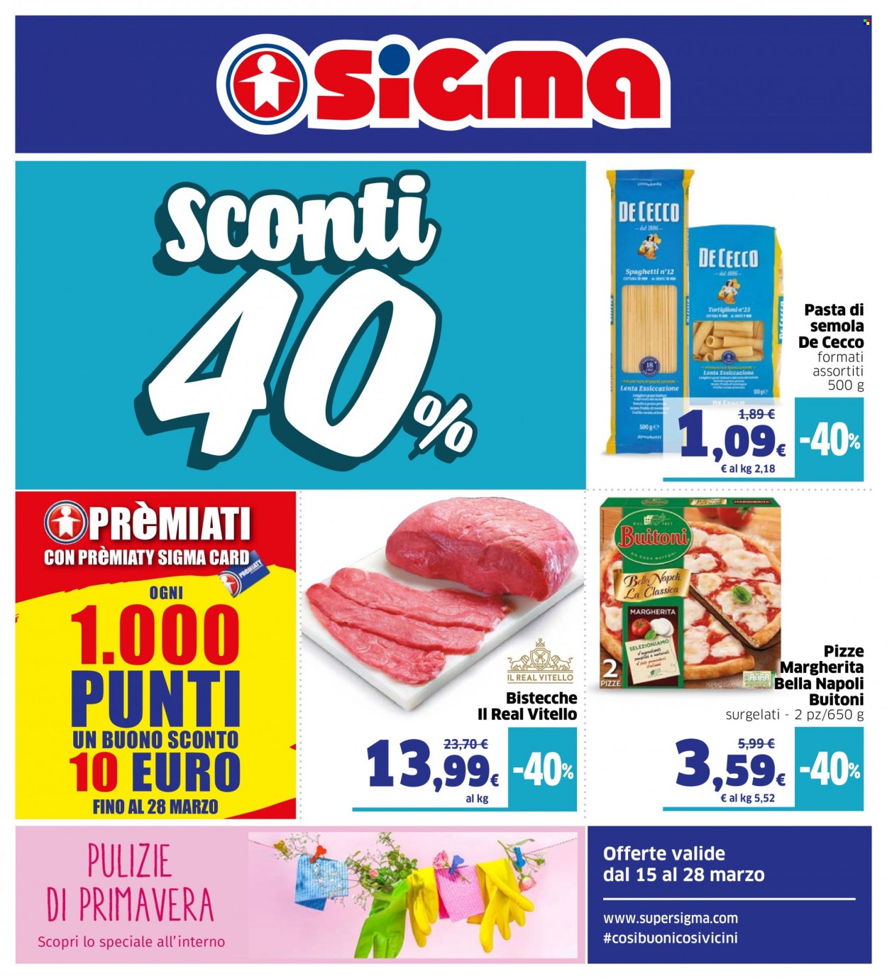 thumbnail - Volantino Sigma - 15/3/2023 - 28/3/2023 - Prodotti in offerta - Buitoni, bistecca, vitello, pizza, pizza Margherita, De Cecco, spaghetti, pasta. Pagina 1.