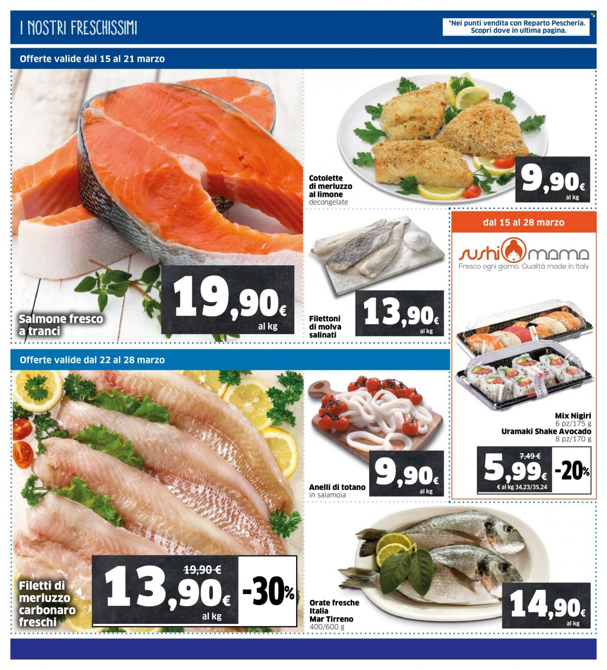 thumbnail - Volantino Sigma - 15/3/2023 - 28/3/2023 - Prodotti in offerta - salmone, filetti di merluzzo, merluzzo, totani, anelli di totano, cotolette di merluzzo, sushi. Pagina 10.