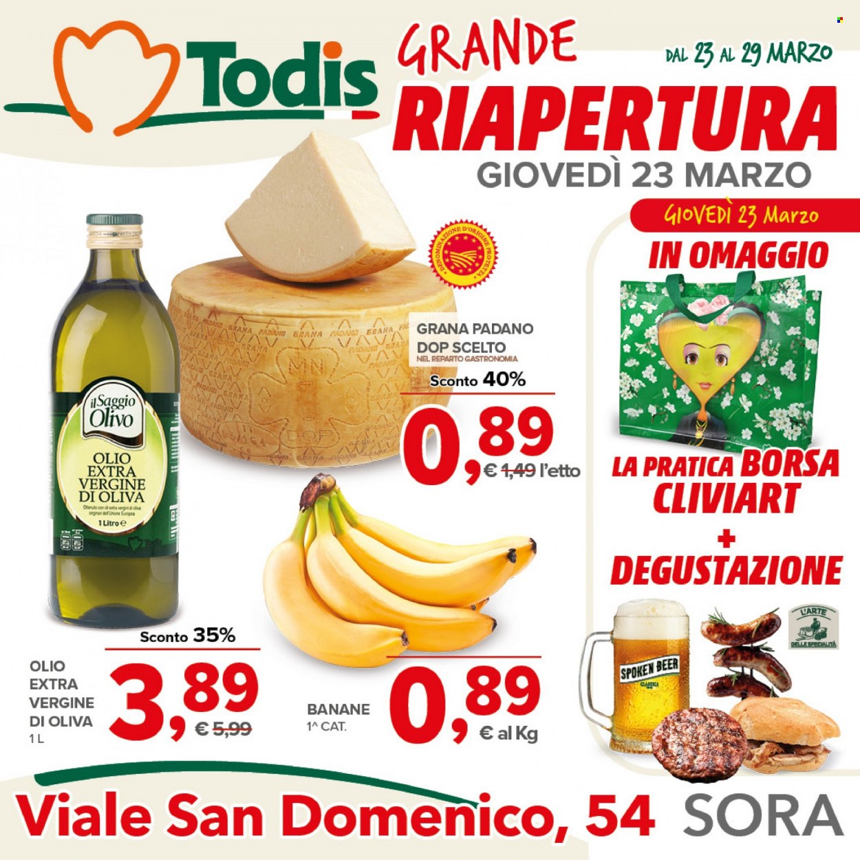 thumbnail - Volantino Todis - 23/3/2023 - 29/3/2023 - Prodotti in offerta - banane, Giovanni Rana, formaggio, Grana Padano, olio, olio extra vergine di oliva, borsa. Pagina 1.