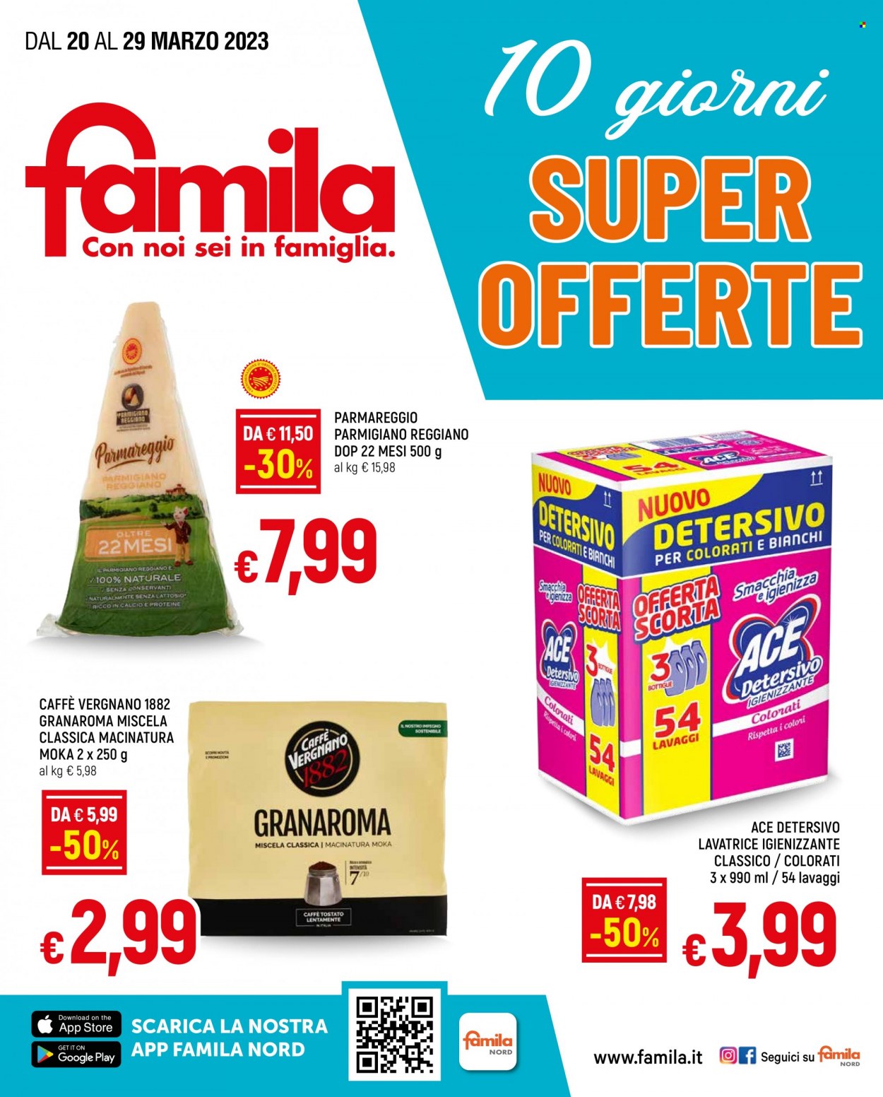 thumbnail - Volantino Famila - 20/3/2023 - 29/3/2023 - Prodotti in offerta - Parmareggio, caffè, Ace, detersivo per lavatrice. Pagina 1.