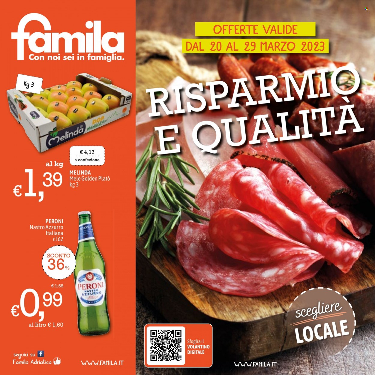 thumbnail - Volantino Famila - 20/3/2023 - 29/3/2023 - Prodotti in offerta - Peroni, birra, Nastro Azzurro, mele. Pagina 1.