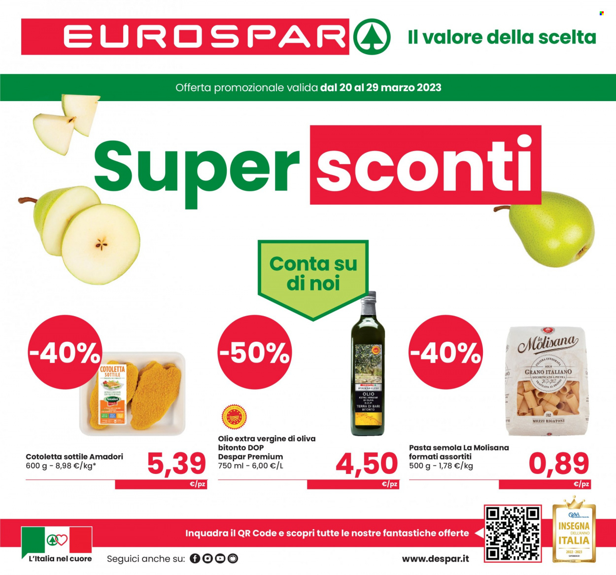 thumbnail - Volantino Eurospar - 20/3/2023 - 29/3/2023 - Prodotti in offerta - pollo, Amadori, pasta, olio, olio extra vergine di oliva. Pagina 1.