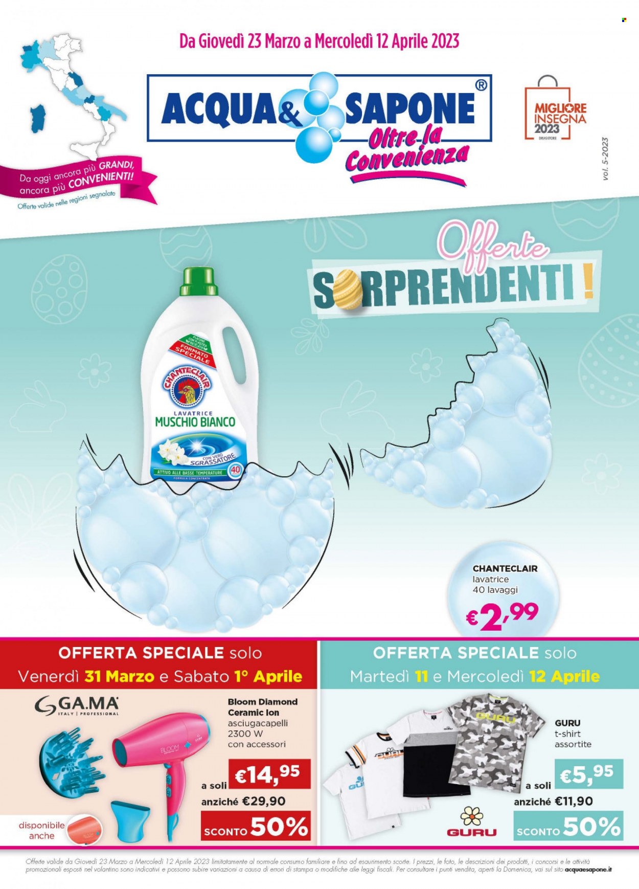 thumbnail - Volantino Acqua & Sapone - 23/3/2023 - 12/4/2023 - Prodotti in offerta - sgrassatore, Chante Clair, sapone, asciugacapelli, t-shirt. Pagina 1.